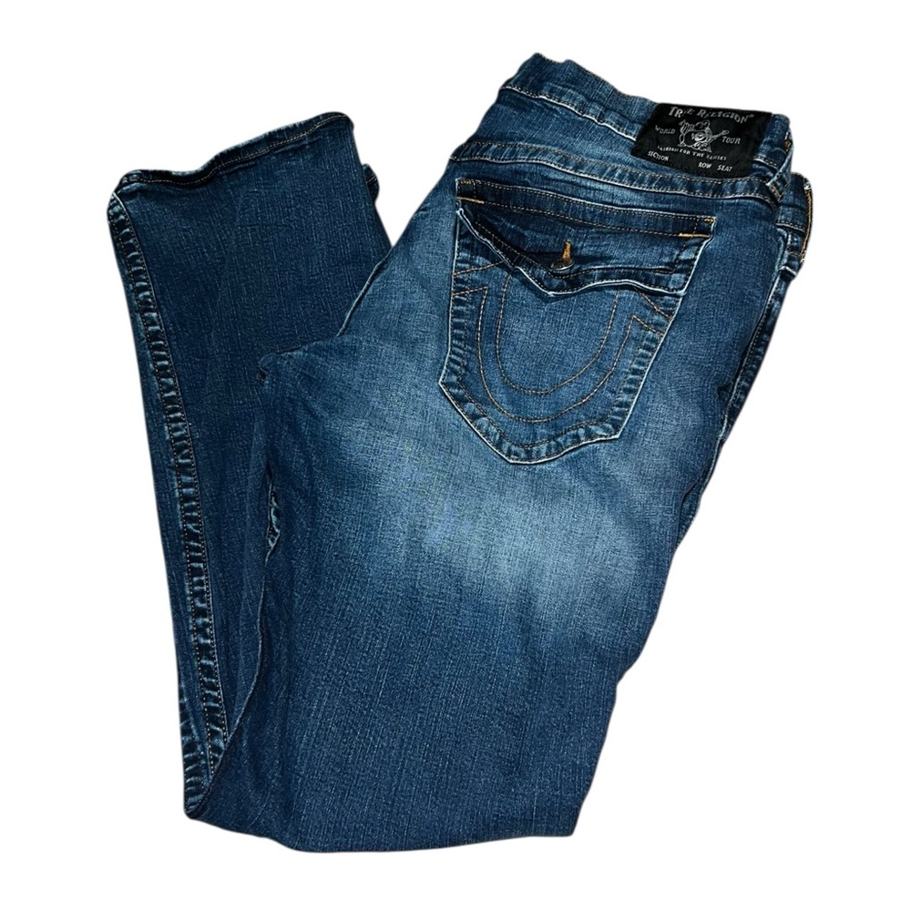 True Religion Men's Washed Blue Relaxed Jeans with Signature Stitching